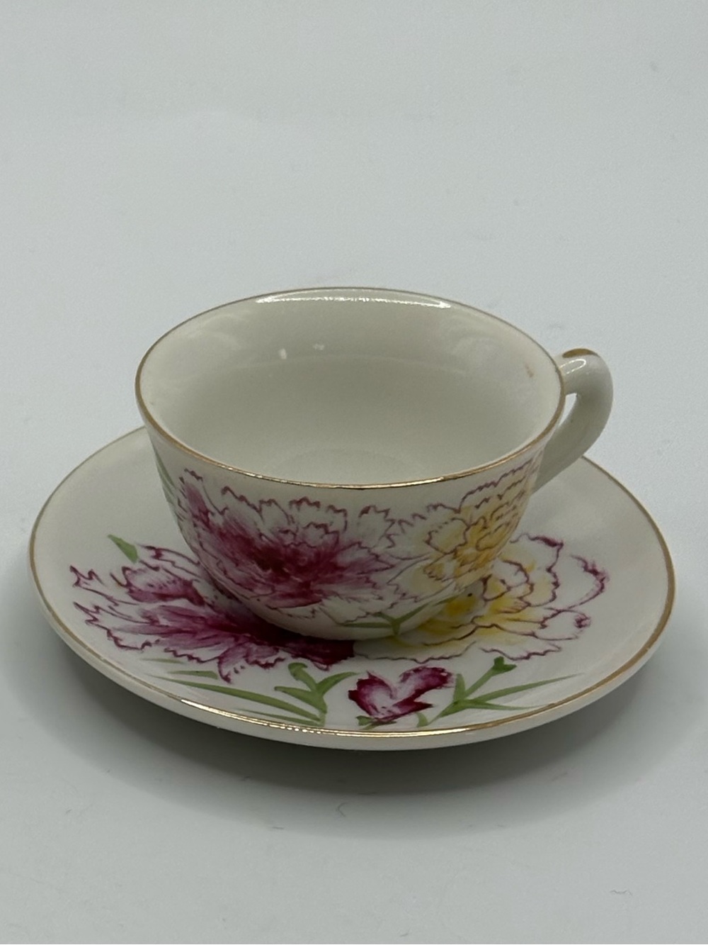 Miniature Flower Of Month Carnation Tea Cup and Saucer January Japan Handpainted